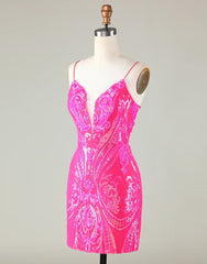 Prom Dress Fitted, Sparkly Hot Pink Spaghetti Straps Tight Sequins Homecoming Dress
