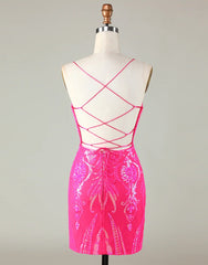 Prom Dresses Fitting, Sparkly Hot Pink Spaghetti Straps Tight Sequins Homecoming Dress