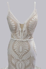 Wedding Dress For Short Brides, Elegant Spaghetti Straps V Neck Mermaid Lace Wedding Dresses