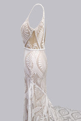 Wedding Dresses For Short Brides, Elegant Spaghetti Straps V Neck Mermaid Lace Wedding Dresses