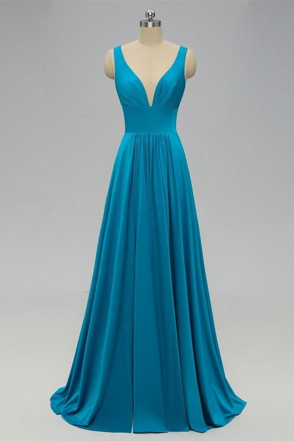 Prom Dress Online, Elegant A-Line Sexy V Neck Gold Long Modest Side-Slit Blue Bridesmaid Dress