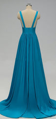 Prom Dresses Floral, Elegant A-Line Sexy V Neck Gold Long Modest Side-Slit Blue Bridesmaid Dress