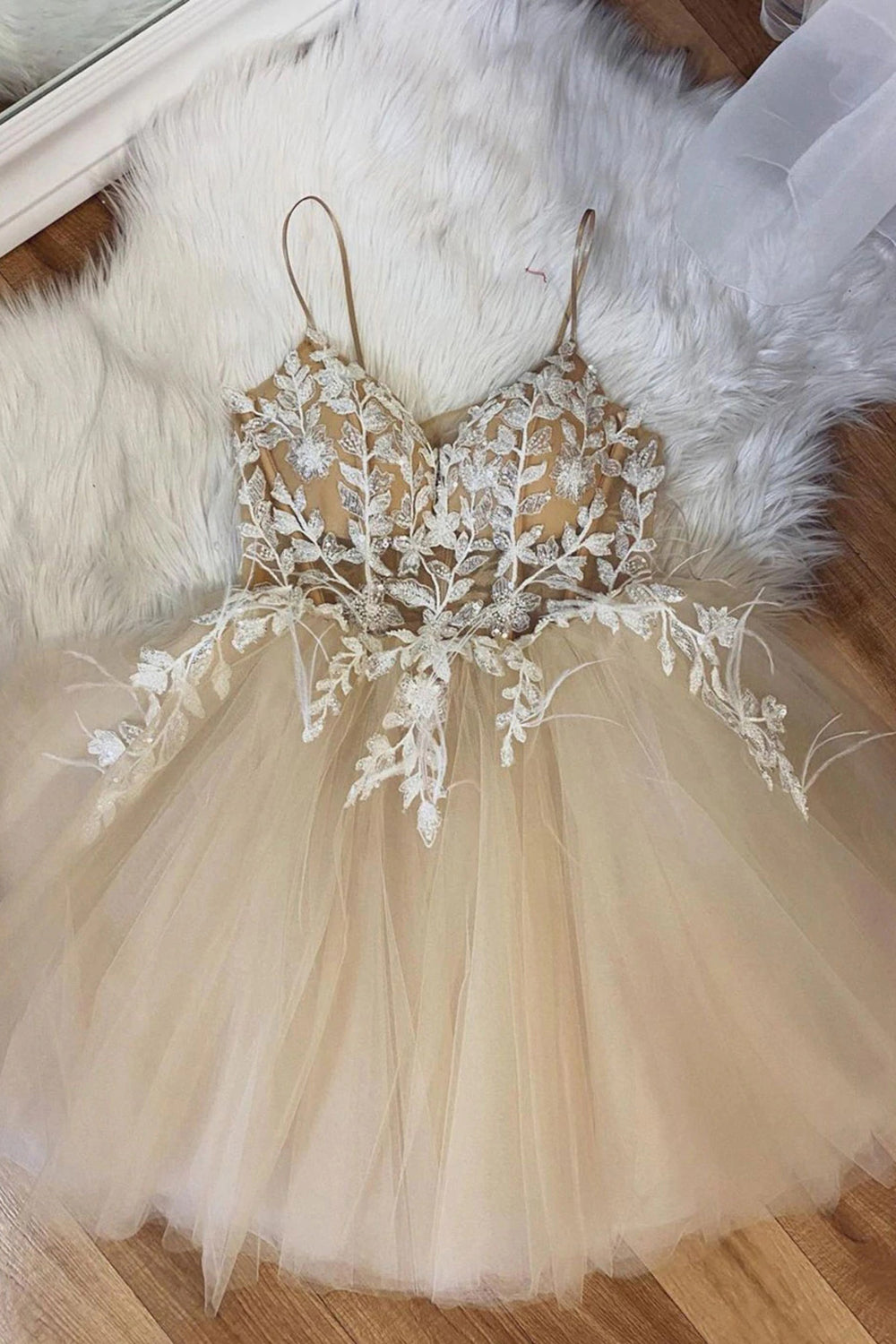 Homecoming Dresses For Girls, Beige Spaghetti Straps Homecoming Dress With Appliques