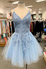 Evening Dress Knee Length, Blue Spaghetti Straps Homecoming Dress With Appliques