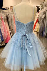 Evening Dresses Knee Length, Blue Spaghetti Straps Homecoming Dress With Appliques
