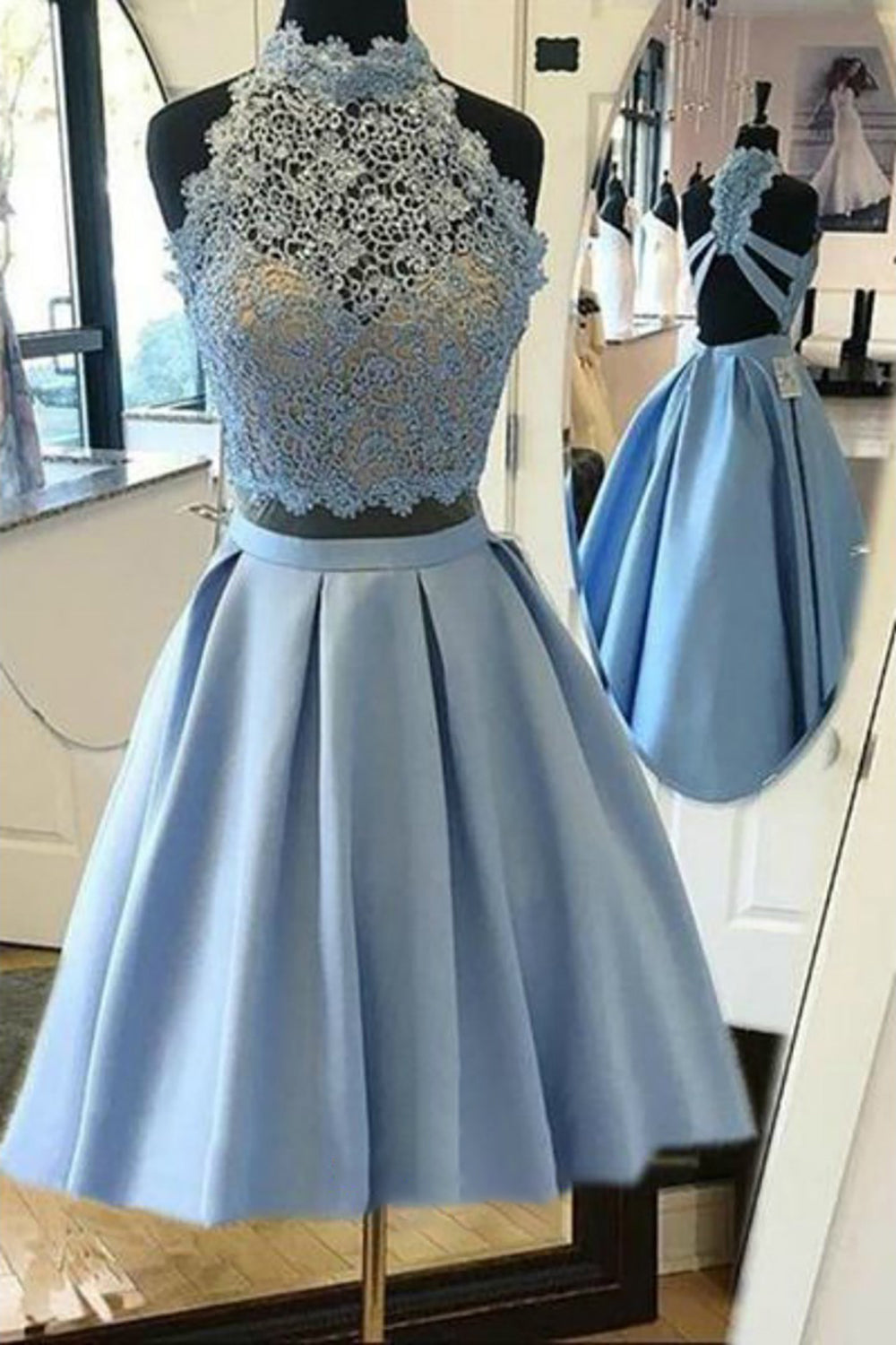Evening Dresses For Over 72, Halter Lace Blue Homecoming Dress