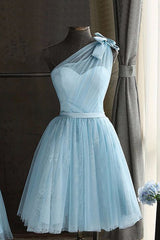 Evening Dresses For Over 62S, One Shoulder Blue Homecoming Dress With Bowknot