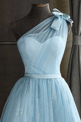 Evening Dresses For Over 62, One Shoulder Blue Homecoming Dress With Bowknot