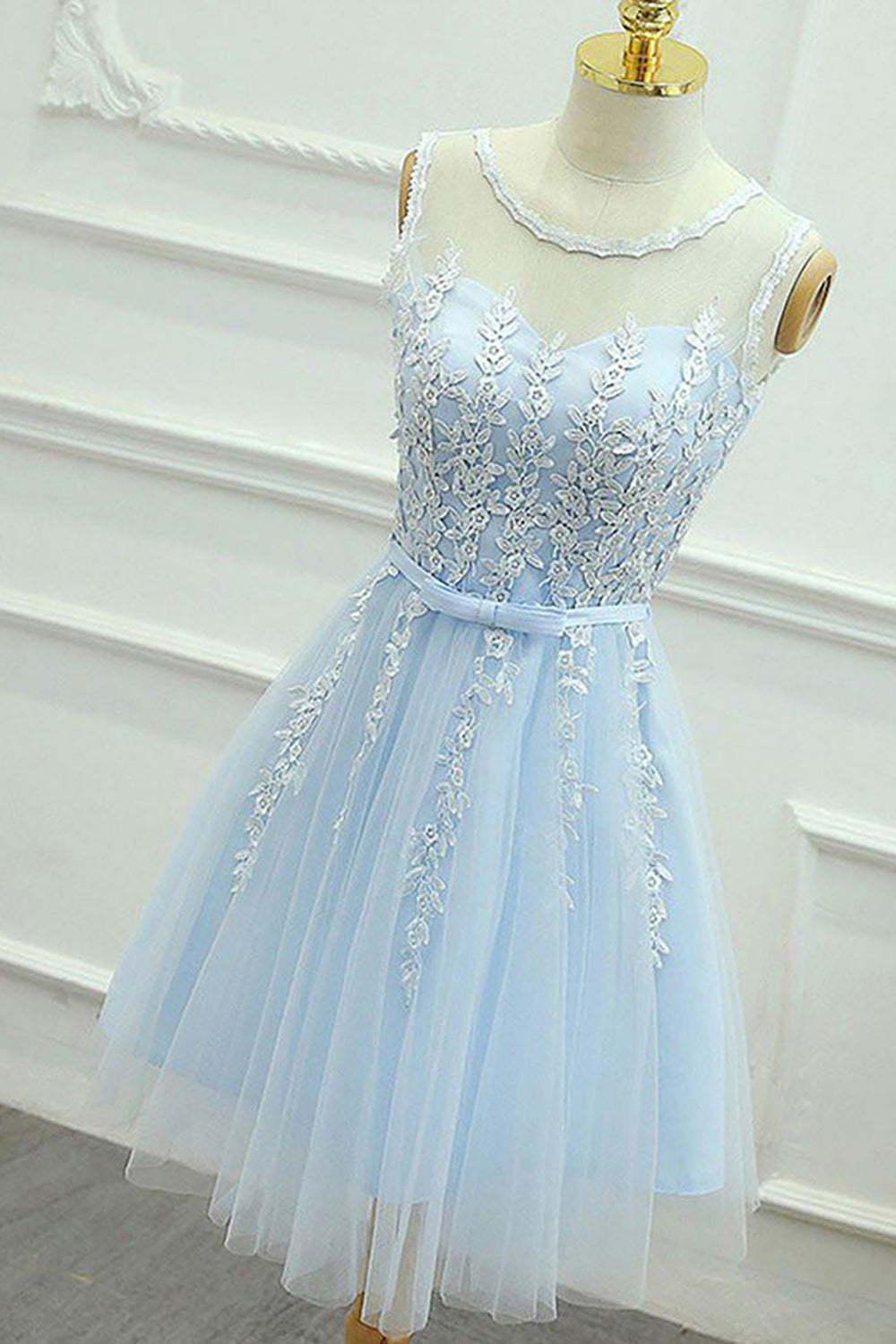 Homecoming Dress Lace, Blue Round Neck A Line Homecoming Dress
