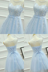 Homecomming Dresses Lace, Blue Round Neck A Line Homecoming Dress