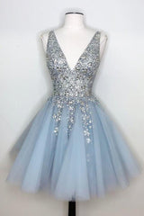 Homecoming Dressed Short, Blue V Neck Homecoming Dress With Beadings