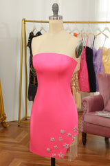 Quince Dress, Pink Tight Short Homecoming Dress with Star and Fringes