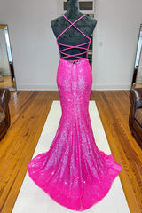 Bridesmaid Dress On Sale, Fuchsia Mermaid Backless Sequined Prom Dress
