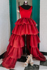 Evenning Dress For Wedding Guest, Red High Low Tiered Homecoming Dress
