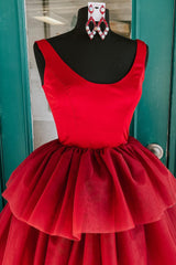 Evening Dresses For Weddings Guest, Red High Low Tiered Homecoming Dress
