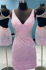 Homecoming Dresses Vintage, Lilac Sequins Homecoming Dress with Open Back