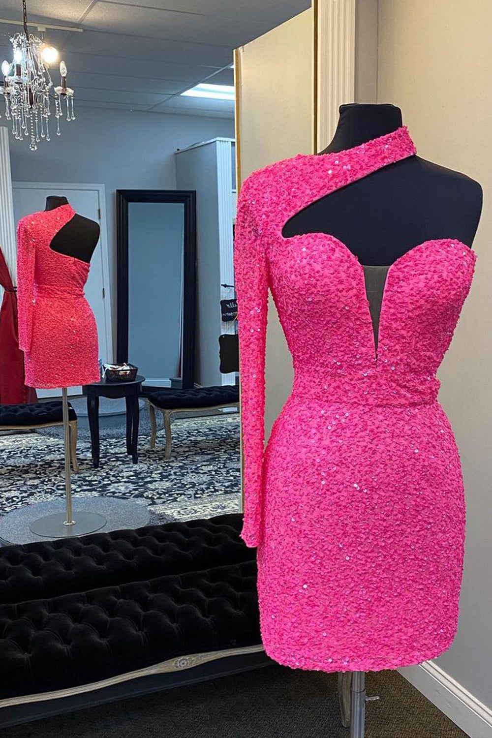 Homecome Dresses Short Prom, Hot Pink One Shoulder One Sleeves Tight Sequins Short Homecoming Dress