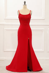 Prom Dress Modest, Red Mermaid Long Prom Dress with Beading
