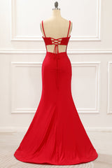 Prom Dress, Red Mermaid Long Prom Dress with Beading