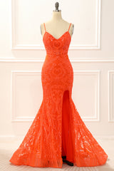 Prom Dresses Long Blue, Orange Mermaid Glitter Prom Dress with Slit
