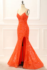 Prom Dress Blue Long, Orange Mermaid Glitter Prom Dress with Slit