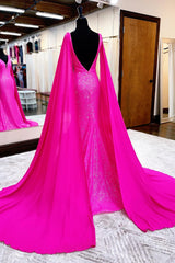 Party Dresses Short, Hot Pink Mermaid Prom Dress With Wateau Train