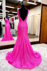 Party Dress Outfit, Hot Pink Mermaid Prom Dress With Wateau Train