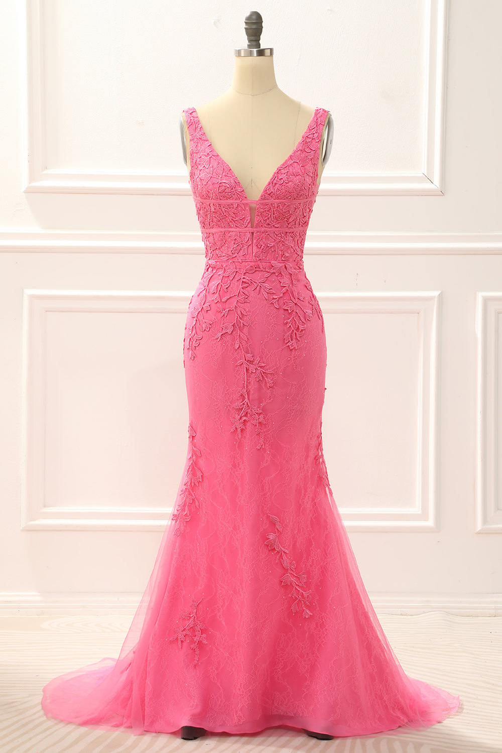 Prom Dress Mermaid, Hot Pink Tulle Mermaid Prom Dress with Appliques