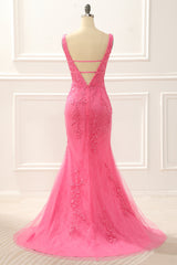 Prom Dress Chicago, Hot Pink Tulle Mermaid Prom Dress with Appliques