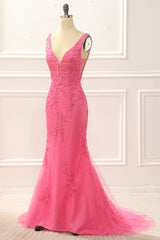 Prom Dresses Chicago, Hot Pink Tulle Mermaid Prom Dress with Appliques