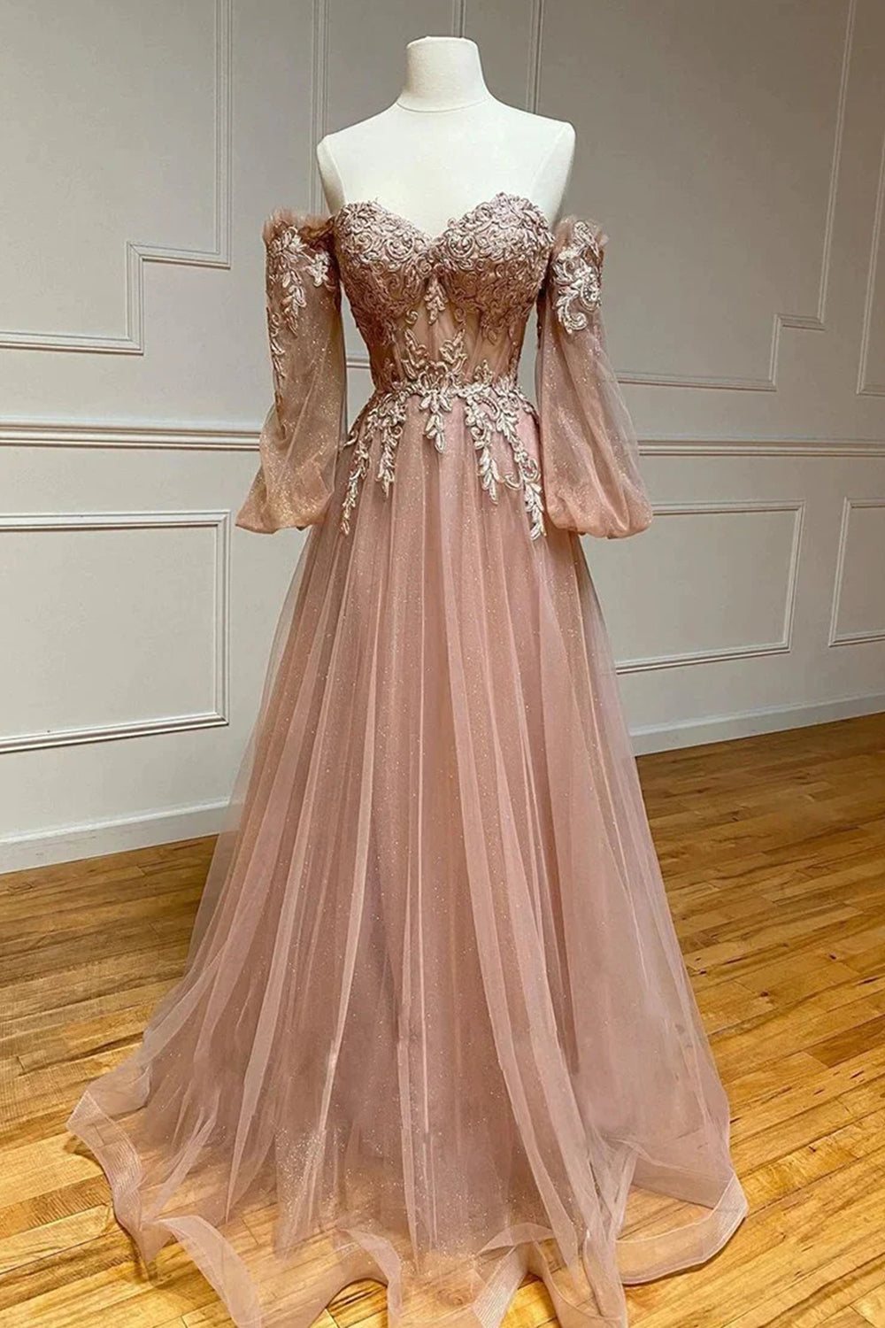 Bridesmaid Dress Modest, Blush Corset Off the Shoulder Long Prom Dress with Appliques