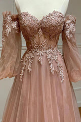 Bridesmaids Dresses Modest, Blush Corset Off the Shoulder Long Prom Dress with Appliques