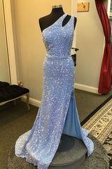 Bridesmaid Dress Designs, Light Blue One Shoulder Cut-Out Mermaid Long Prom Dress with Fringes