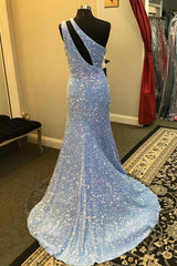 Bridesmaid Dresses Designs, Light Blue One Shoulder Cut-Out Mermaid Long Prom Dress with Fringes