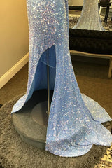 Bridesmaid Dress Designer, Light Blue One Shoulder Cut-Out Mermaid Long Prom Dress with Fringes