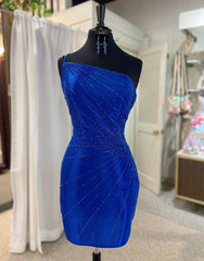 Prom Dresses Sale, Royal Blue One Shoulder Tight Glitter Homecoming Dress