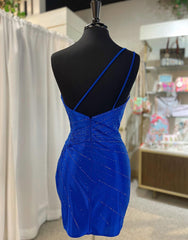 Prom Dress Sales, Royal Blue One Shoulder Tight Glitter Homecoming Dress