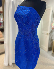 Prom Dress Casual, Royal Blue One Shoulder Tight Glitter Homecoming Dress