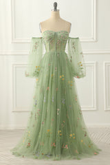 Nice Dress, Green Tulle Off the Shoulder A-line Prom Dress with Floral Embroidery