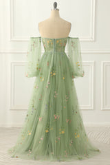 Elegant Wedding, Green Tulle Off the Shoulder A-line Prom Dress with Floral Embroidery