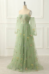 Wedding Pictures Ideas, Green Tulle Off the Shoulder A-line Prom Dress with Floral Embroidery
