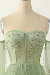 Beach Wedding Guest Dress, Green Tulle Off the Shoulder A-line Prom Dress with Floral Embroidery