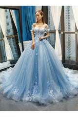 Party Dress Afternoon Tea, Light Sky Blue Off The Shoulder Ball Gown Tulle Prom Dress With Applique