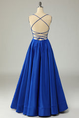 Prom Dress Designs, Royal Blue Backless Satin Prom Dress