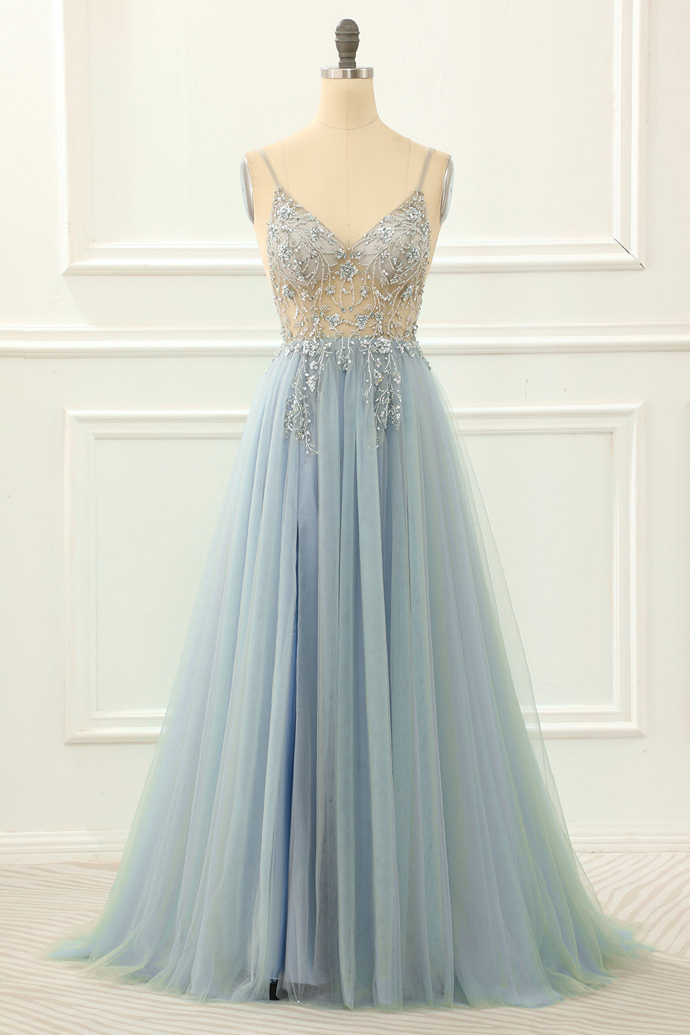 Bridesmaids Dresses Blush Pink, Blue Beading Tulle A Line Sparkly Prom Dress