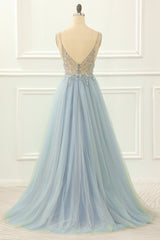 Bridesmaid Dress Blush Pink, Blue Beading Tulle A Line Sparkly Prom Dress