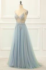 Bridesmaid Dresses Blush Pink, Blue Beading Tulle A Line Sparkly Prom Dress