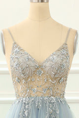 Elegant Wedding Dress, Blue Beading Tulle A Line Sparkly Prom Dress