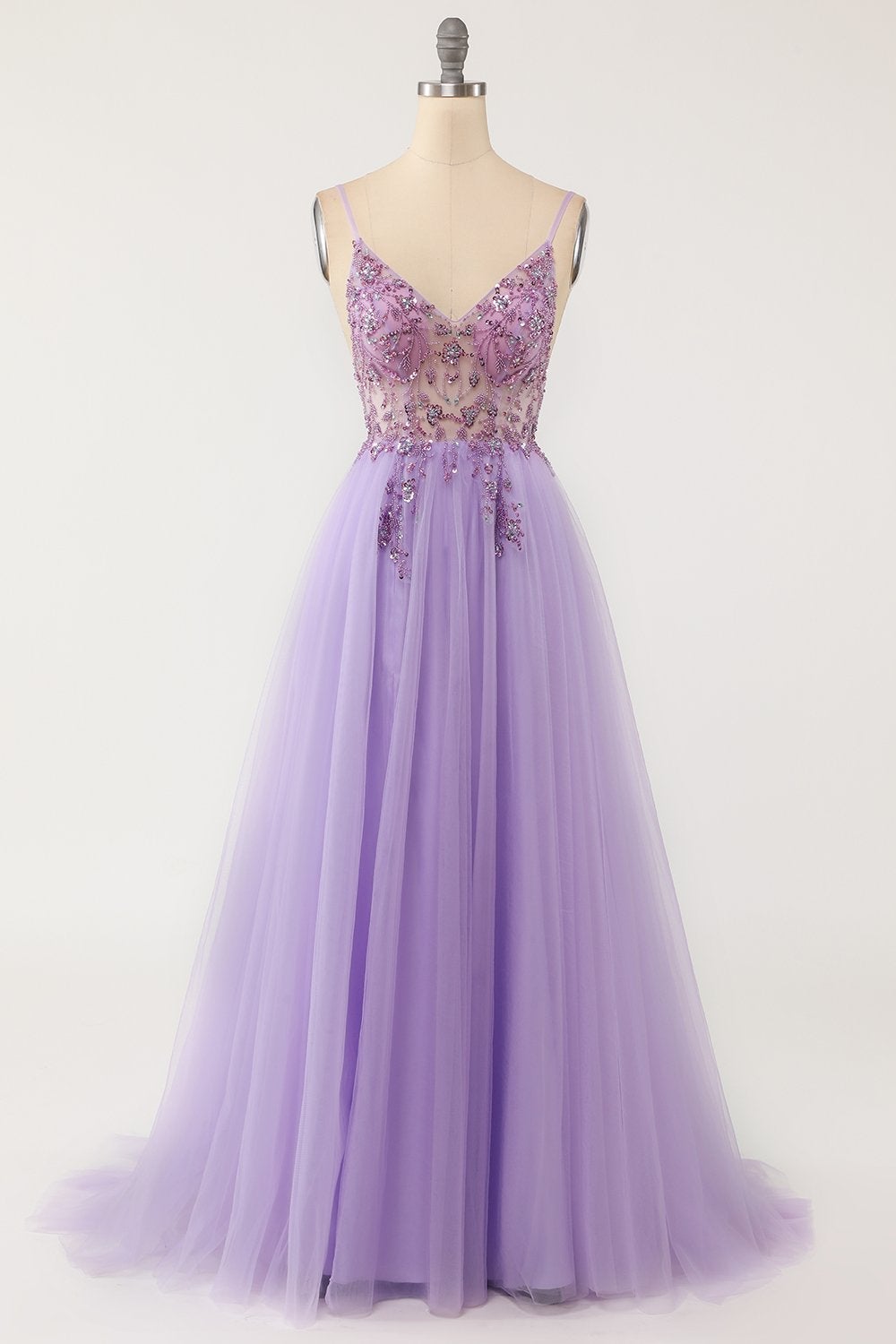 Prom Dress On Sale, Purple Beaded Tulle Long Prom Dress
