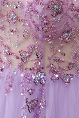 Prom Dressed 2045, Purple Beaded Tulle Long Prom Dress
